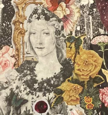 Artistic mural featuring a painted white woman surrounded by colorful flowers.