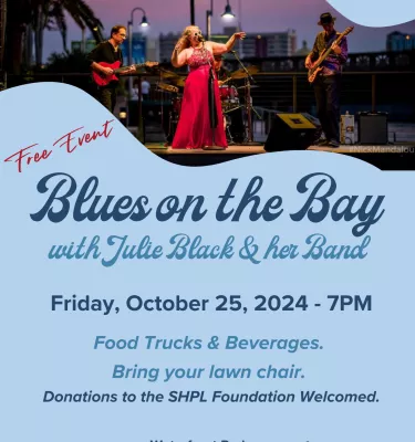 Blues on the Bay event flyer poster featuring a woman in a red dress singing on stage with a band.