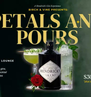 Petals and Pours event flyer poster featuring alcoholic beverages.