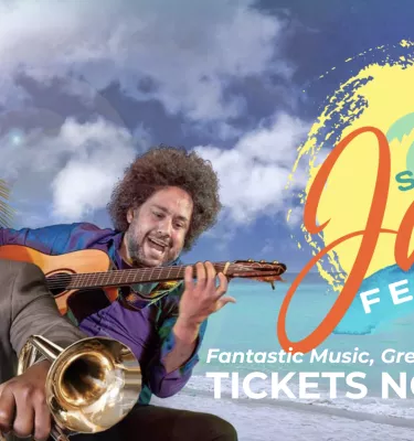 Suncoast Jazz Festival event flyer poster featuring three musicians.