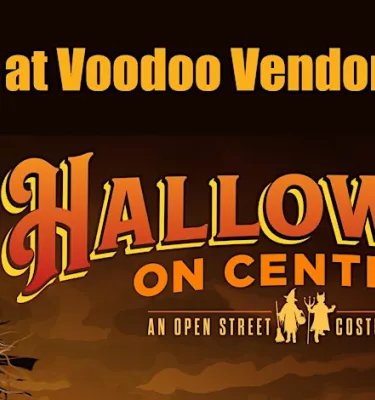 Voodoo Vendor Village at Halloween on Central event flyer poster featuring an orange jack-o-lantern. 