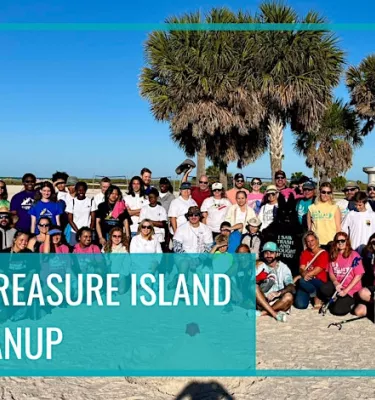 Monthly Treasure Island Beach Cleanup event flyer poster.