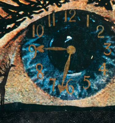 Sueños de Dalí 2024 event flyer poster featuring a painting of an eye with a clock in it.