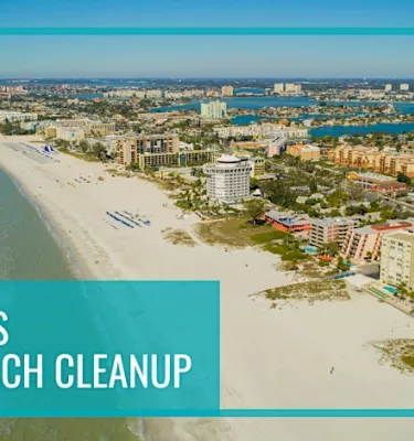 Tradewinds St. Pete Beach Cleanup event flyer poster featuring an aerial view of the St. Pete Beach coastline.