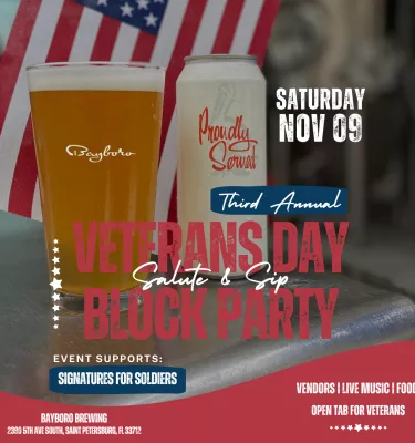Veterans Day event flyer poster featuring a glass and can of beers.