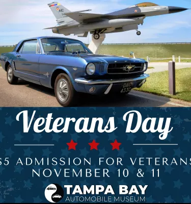 Veterans Day admission promo featuring a vintage car and fighter jet.