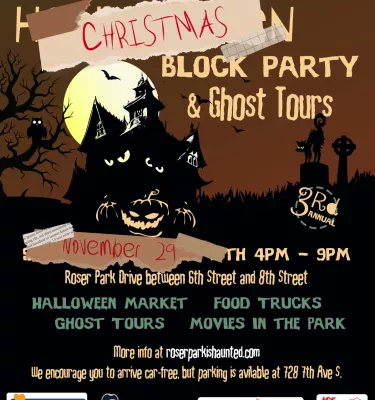 Historic Roser Parks Block Party & Ghost Tours event flyer poster featuring a spooky castle.