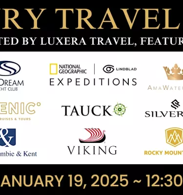 Luxury Travel Expo event flyer poster featuring multiple travel brand names.