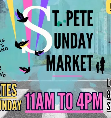 St. Pete Sunday Market event flyer poster featuring event details and a street crosswalk.