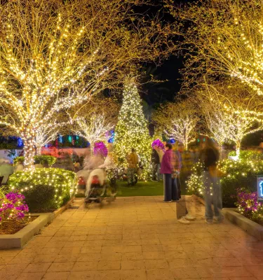 a garden lit up in holiday lights with people looking at the displays