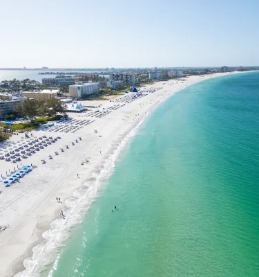 St. Pete Beach with its beautiful white sands and turquoise waters, as seen from an aerial dron shot