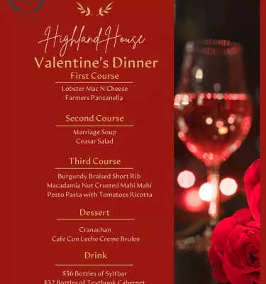 Highland House Valentine's Day menu details.