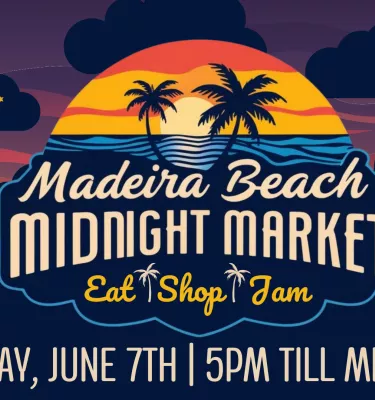 Madeira Beach Midnight Market event flyer poster featuring a sunset.