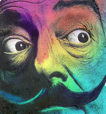 Colorful painting of Salvador Dalí's face.