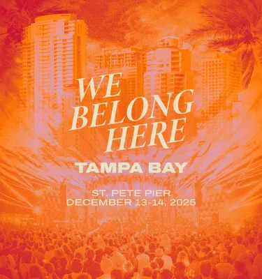 We Belong Here music festival poster featuring a crowd of people outside.