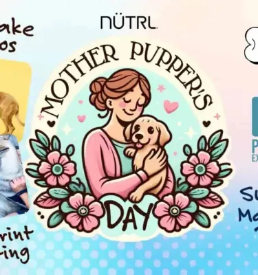 Mother's Puppers Day event featuring a drawing of a woman holding her dog.