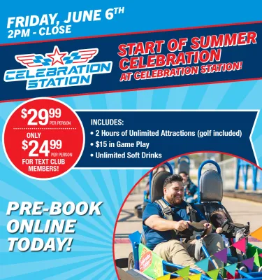 Summer at Celebration Station in clearwater featuring a dad and child riding in a go-kart.