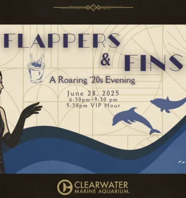 Flappers & Fins roaring 20's event at Clearwater Marine Aquarium event flyer poster.