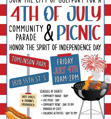 Gulfport 4th of July Parade and Picnic event flyer poster featuring a black grill.