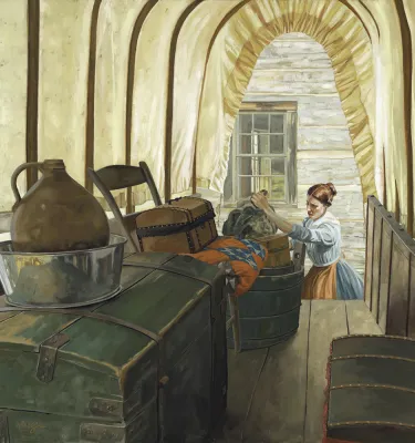 Drawing of a woman in the western century loading a carriage with house items.