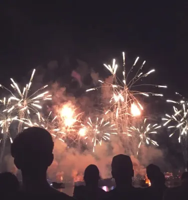 Group of people watching a firework show at night.