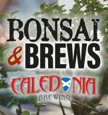 Bonsai & Brews event flyer poster featuring green plants.