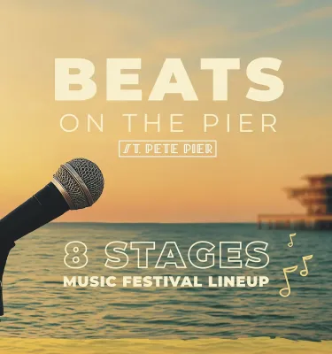 Beats on the Pier event flyer poster featuring a microphone by the beach.
