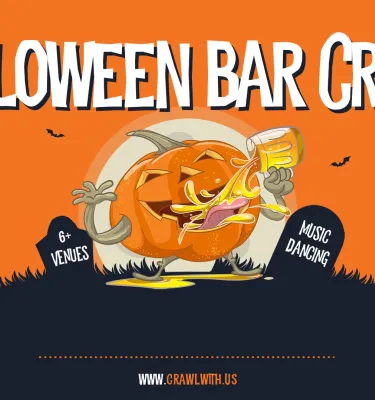 Halloween Bar Crawl featuring a cartoon pumpkin.
