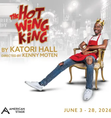 Hot Wing King play poster featuring a man sitting on a chair with a crown on his head.