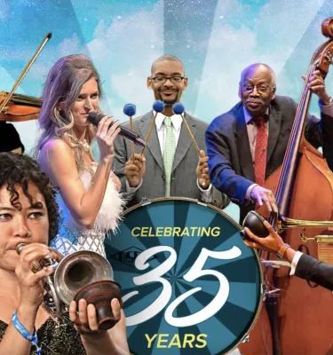 Suncoast Jazz Festival event flyer poster featuring seven musicians. 