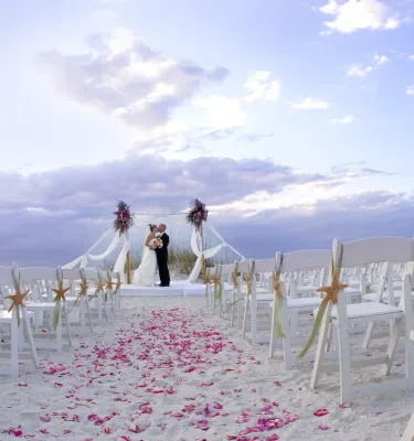 a couple embraces after being married on the beach at Honeymoon Island at sunset, with white chairs and pink rose petals as decorations