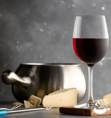 Glass of red wine and cheese fondue.