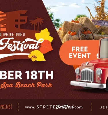 2025 Fall Festival at the St. Pete Pier event flyer poster featuring a red truck.