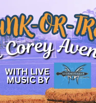 Trunk or Treat on Corey Ave 2025 featuring event details and pumpkins.