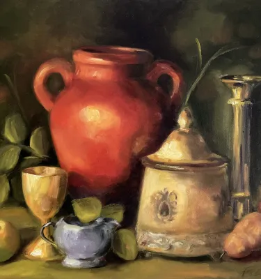 Oil painting of vases and fruit on a green table.