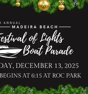 Festival of Lights Madeira Beach holiday boat parade event flyer featuring a snow globe.