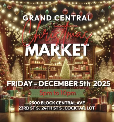 Grand Central Christmas Market event flyer poster featuring holiday decorations.