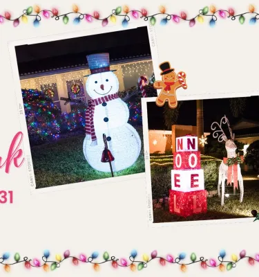 Lights of Lake Park featuring a lit-up snowman and other Holiday characters on front lawns.