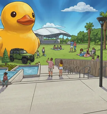 an illustration of a giant rubber duck named Mama Duck at Coachman Park