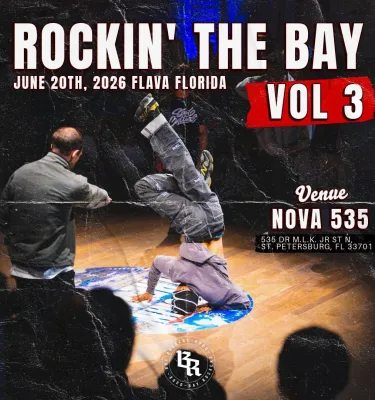 Rockin the Bay event featuring a man breakdancing on a wooden floor in front of an audience.