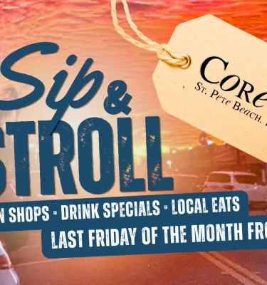 Sip & Stroll on Corey Ave event flyer poster featuring a sunset.