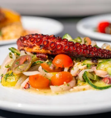 octopus served atop a salad at Azura Coastal Kitchen at the Hotel Zamora