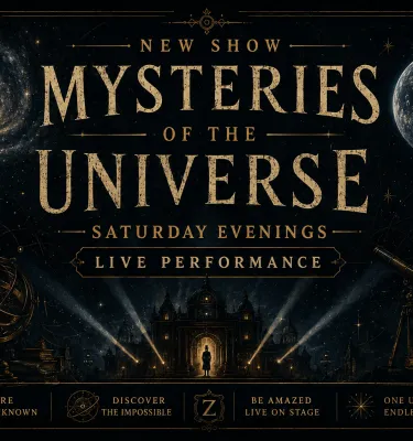 Mysteries of the Universe Show event flyer poster featuring planets and cosmos.