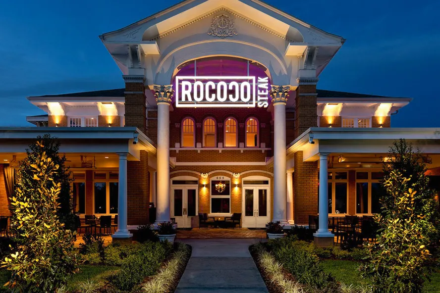 The majestic facade of Rococo Steak.