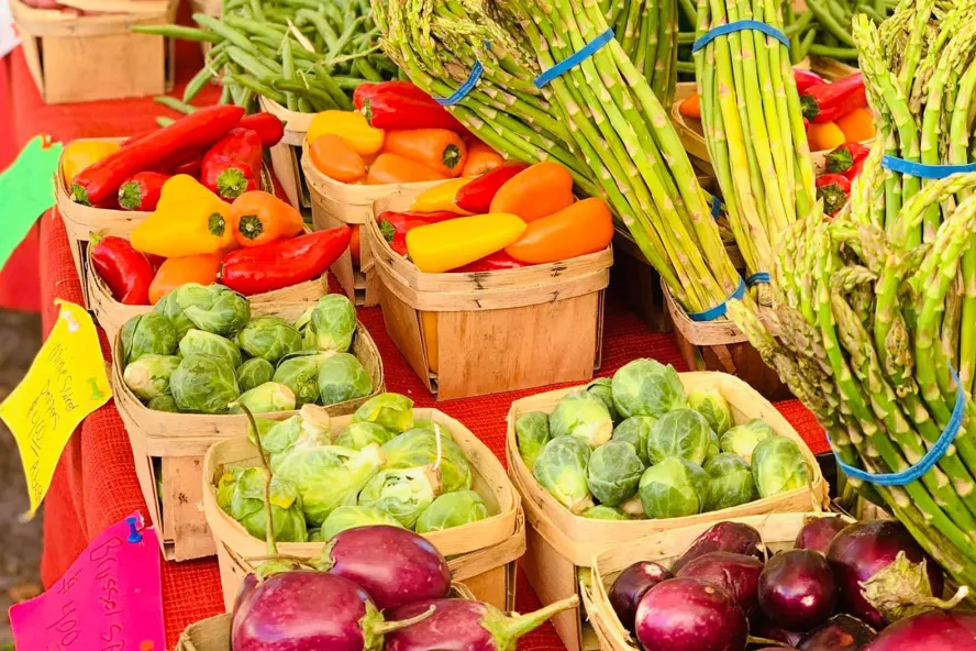 Small wooden bushels filled with Brussels sprouts, small eggplants and peppers at Dunedin Downtown Market.