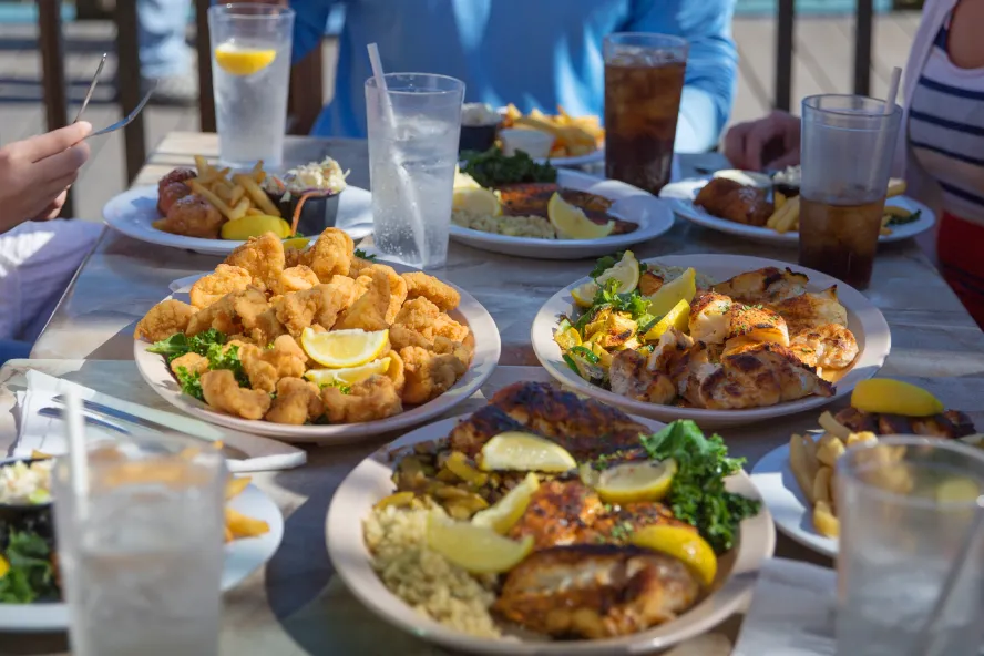 A table laden with seafood of every kind at Friendly Fisherman at John's Pass Village & Boarwalk