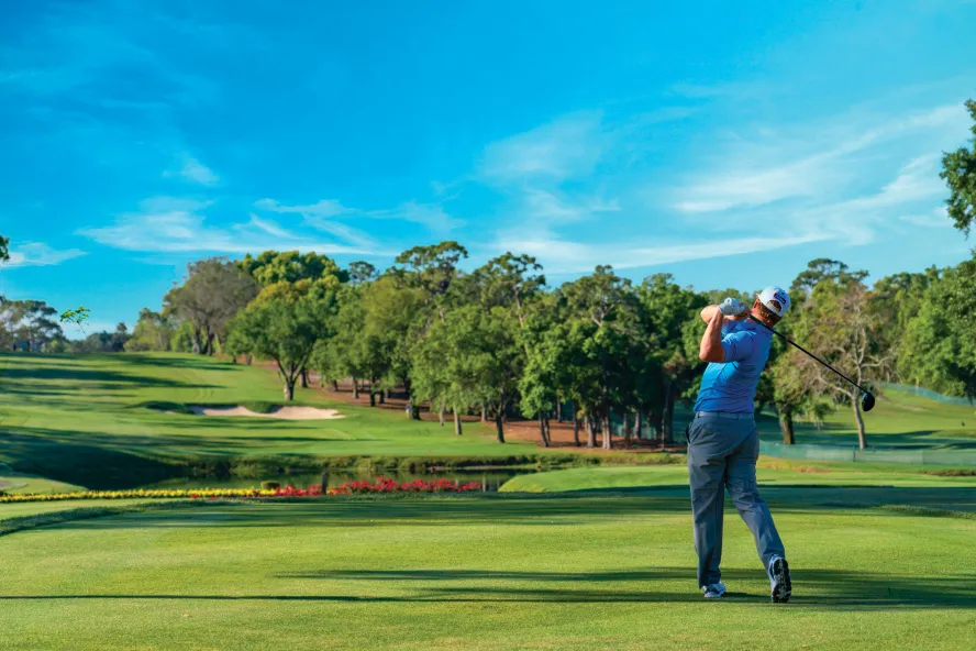 a golfer tees off at Innisbrook Resort in Palm Harbor