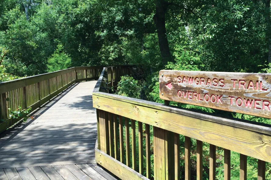 Sawgrass Lake Park boardwalk entrance and sign, surrounded by nature