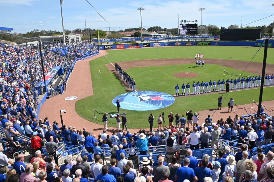 Blue jays Training field infield view of the baseball field and crowed with two teams lining the bases