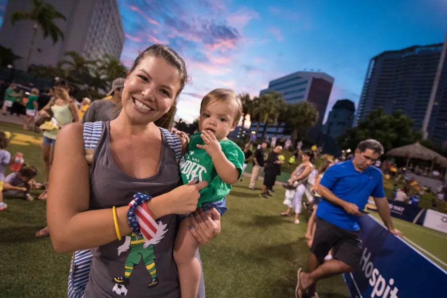 Mother and child tailgating at the Rowdies soccer game. 